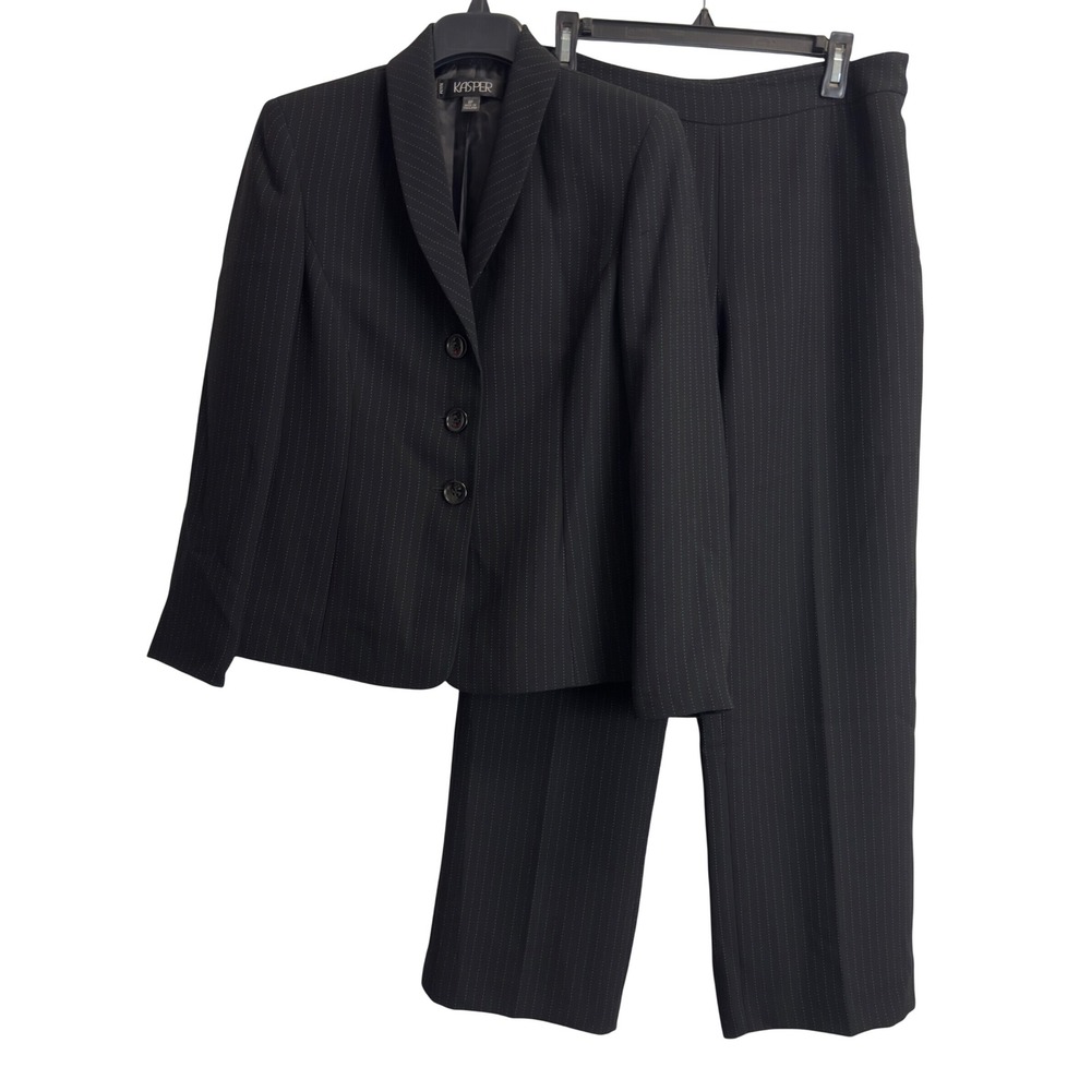 Kasper Womens Black Pinstripe Pant Suit Set Shawl Collar Blazer 8P Petite